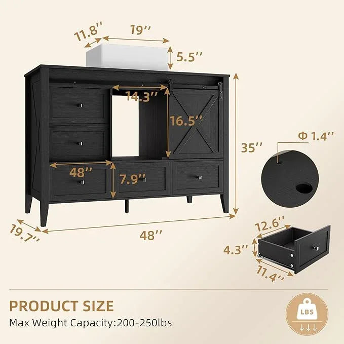 VNN Bathroom Vanity with Sink - 48 Inch Bathroom Vanity with Sink Ceramic, Freestanding Cabinet with Farmhouse Sliding Barn Door and 7 Drawers, Space-Saving Storage Cabinet, Wood Grain Texture, Black - ModernBath