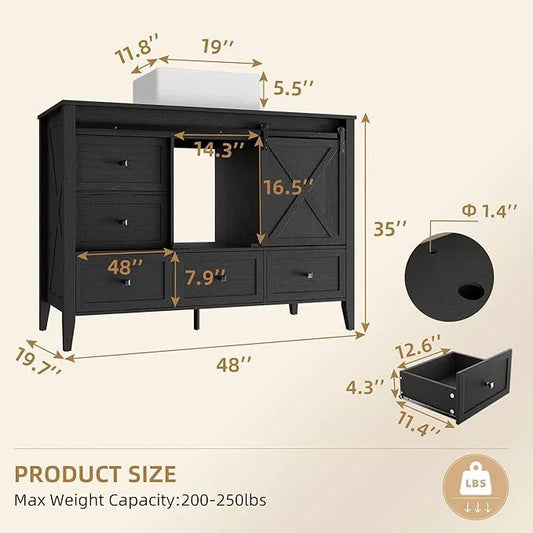 VNN Bathroom Vanity with Sink - 48 Inch Bathroom Vanity with Sink Ceramic, Freestanding Cabinet with Farmhouse Sliding Barn Door and 7 Drawers, Space-Saving Storage Cabinet, Wood Grain Texture, Black - ModernBath