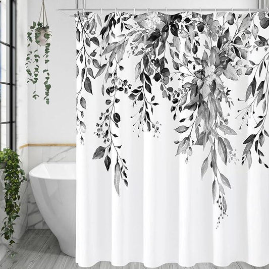 Gibelle Black and White Eucalyptus Shower Curtain, Grey Watercolor Plant Leaves with Floral Bathroom Shower Curtain Set, 72x72 - ModernBath