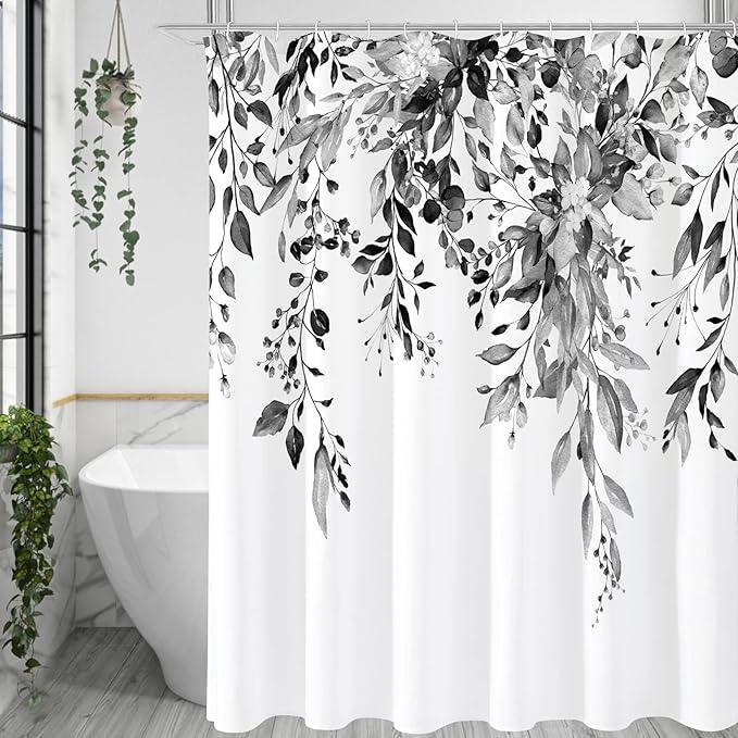 Gibelle Extra Long Shower Curtain 72 x 84, Black and White Floral Shower Curtain, Watercolor Plant Eucalyptus Leaves Fabric Shower Curtain Set - ModernBath