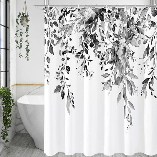 Gibelle Extra Long Shower Curtain 72 x 84, Black and White Floral Shower Curtain, Watercolor Plant Eucalyptus Leaves Fabric Shower Curtain Set - ModernBath