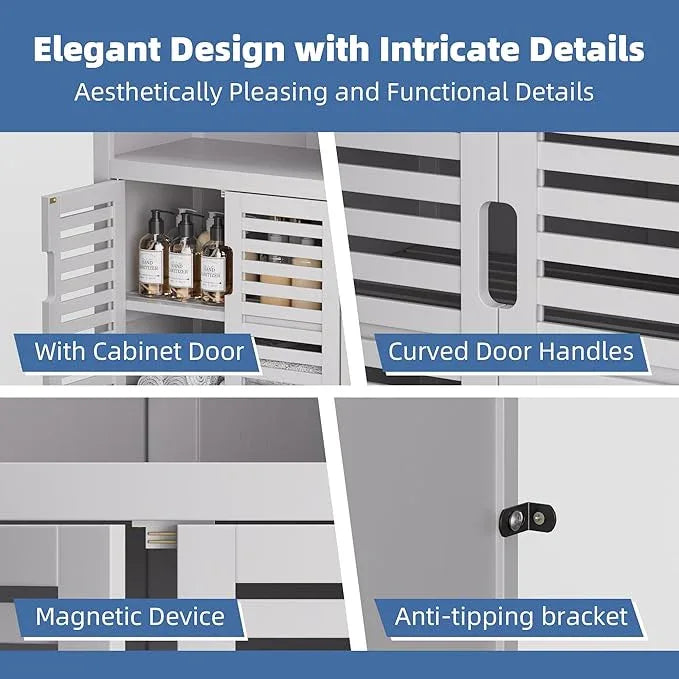 HITNET White Bathroom Cabinet, Bamboo Storage Cabinet Freestanding, Side Tall Storage Organizer for Kitchen Living Room Entryway - ModernBath