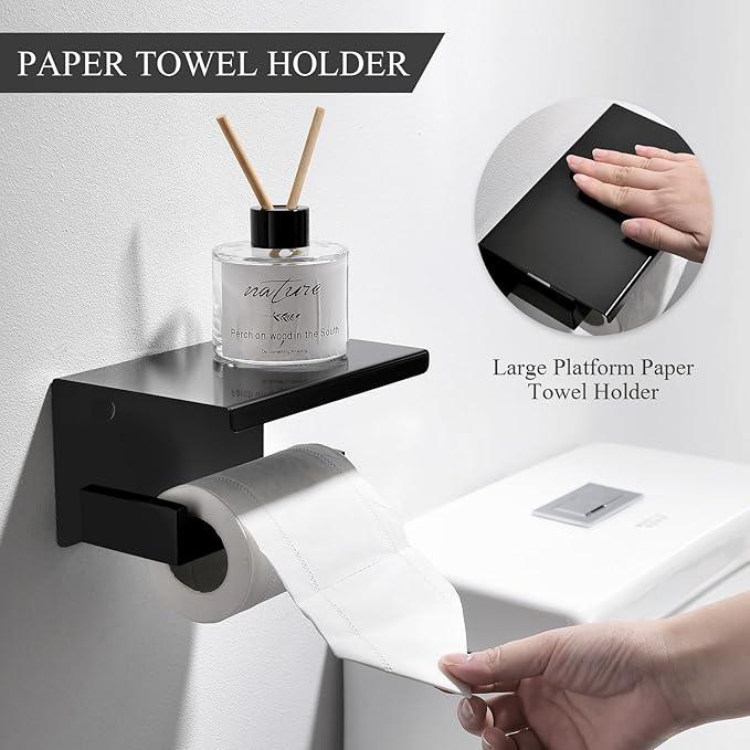 TURS Bathroom Hardware Set Black 4-Piece Towel Bar Set Include 24 Inch Towel Bar Hand Towel Holder Towel Hook Toilet Paper Holder with Shelf Wall Mounted Stainless Steel Bathroom Accessories Set - ModernBath