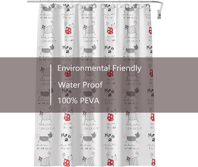 TIKABC Shower Curtain Liner, 4G PEVA Shower Liner, Plastic Waterproof Shower Curtains, with Grommet Holes and 3 Magnetic Weights(Black Red Kitten) - ModernBath