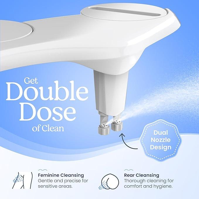 CLEAR REAR Bidet Attachment for Toilet Seat - Non-Electric, Self-Cleaning Dual Nozzle, Adjustable Water Pressure, Rear & Feminine Wash Hygienic Bathroom Upgrades - Fits Elongated Toilets (White) - ModernBath