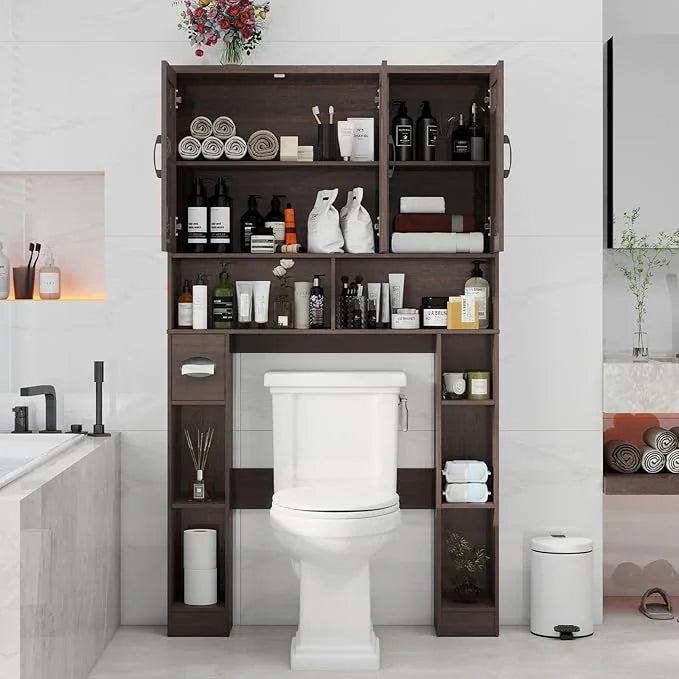 Over The Toilet Storage Cabinet, Farmhouse Toilet Cabinet Rack with 3 Barn Doors, Space Saving Bathroom Organizer with Shelves, Toilet Paper Holder and Towel Rack for Bathroom,Restroom, Espresso - ModernBath