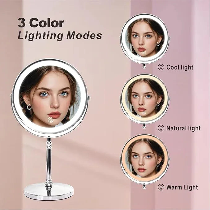 Creocasy Makeup Mirror with Lights ，8 Inch 1X/10X Rechargeable Double Sided Magnifying, 360° Rotation LED HD Mirror with 3 Colors，Brightness Adjustable, Gifts for Wowen & Men - ModernBath