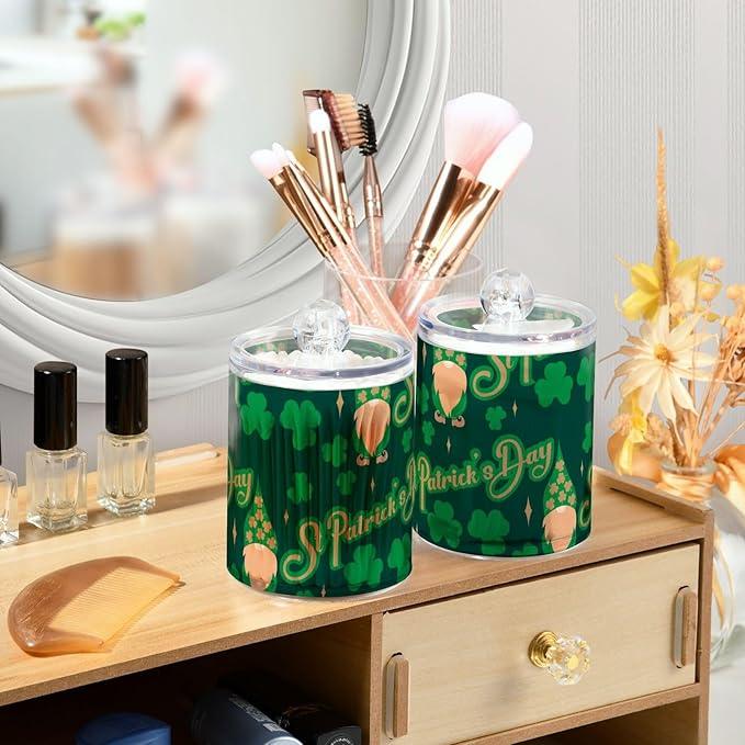 Qtip Holder Bathroom Set Q tip Cotton Ball Swab Pad Dispenser Container Organizer Plastic Jars with Lids Storage 2Pack Green St Patrick's Day Gnome - ModernBath