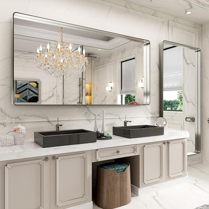 LOAAO 72X36 Inch Brushed Nickel Bathroom Mirror, Rounded Rectangle Silver Metal Frame Mirror, Brushed Nickel, Anti-Rust, Shatter Proof, Hangs Horizontally or Vertically - ModernBath