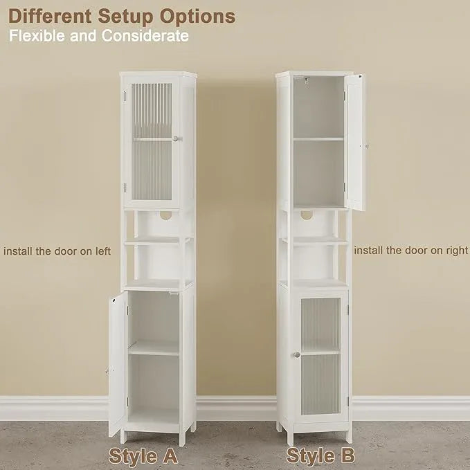 ChooChoo Tall Bathroom Storage Cabinet with Light, 5-Tier Narrow Bathroom Cabinet with 2 Doors, Slim Storage Linen Cabinet Freestanding with Adjustable Shelves for Space Saving, White - ModernBath