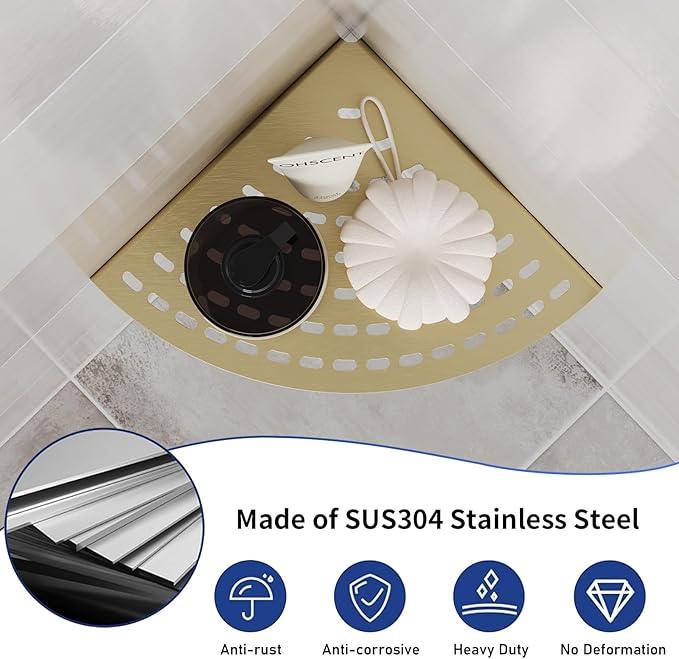 2 Pack Corner Shower Shelves 304 Stainless Steel Shower Corner Shelf Brushed Gold Bathroom 8 in Prevent Rust Drilling Installation - ModernBath