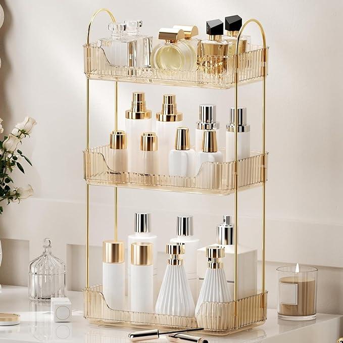 YCIA&DONE Bathroom Organizer Countertop, Makeup Storage, Skincare Cosmetic Tray Shelf, Perfume Holder Rack for Vanity Counter, Large Capacity, Easy to Install, Clean, 3 Tiers, Amber Gold - ModernBath