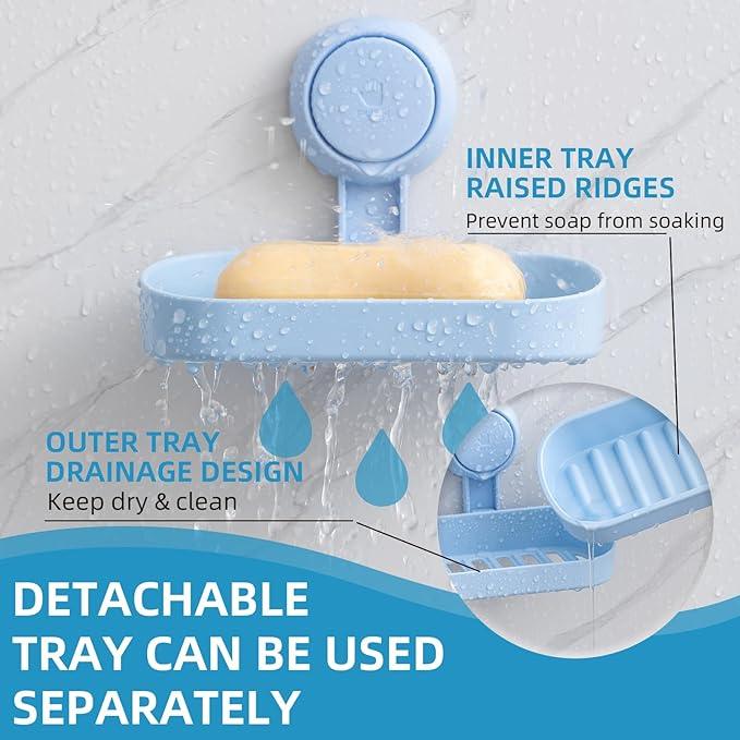 LEVERLOC Soap Dish Holder for Shower Suction Cup Wall Mounted Self Draining NO-Drilling Removable Bar Soap Sponge Holder for Bathroom Bathtub Kitchen Sink Waterproof Strong Vacuum Suction, Blue - ModernBath