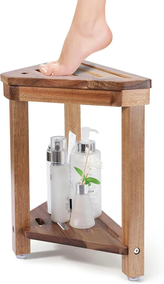 Boulphia Shower Foot Rest 14in, Acacia Wood Shower Stool for Shaving Legs, Waterproof Corner Shower Stool with Storage Shelf for Inside Small Shower Spaces, Wood Color - ModernBath