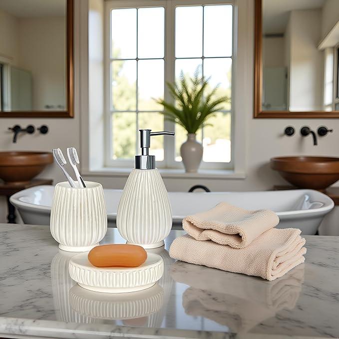 Ceramic Bathroom Accessory Set, White Bathroom Set, Caahanjia Bathroom Accessories Set 4 Pieces, Toilet Brush, Lotion Dispenser, Soap Dish, Toothbrush Cup, Modern Bathroom Décor (13 Ounce) - ModernBath