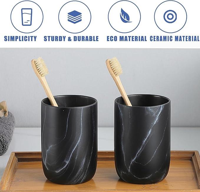 Black Marble Toothbrush Holder - Ceramic Toothbrush Holders for Bathrooms Toothbrush Toothpaste Holders Set, Black Bathroom Tumbler Cups Reusable Toothbrush Mouthwash Cup, Bathroom Counter Organizer. - ModernBath