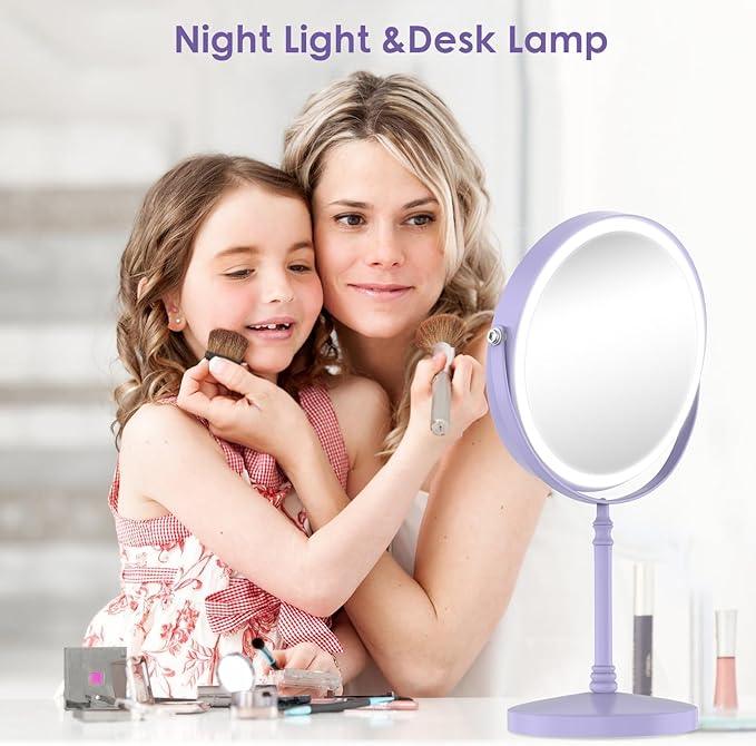 Lighted Makeup Mirror, 3000 mAh Rechargeable Double Sided Magnifying Vanity Mirror with 3 Colors, 1x/10x, 360° Rotation , Brightness Adjustable Magnification Cosmetic Light up Mirror, Women Gift - ModernBath
