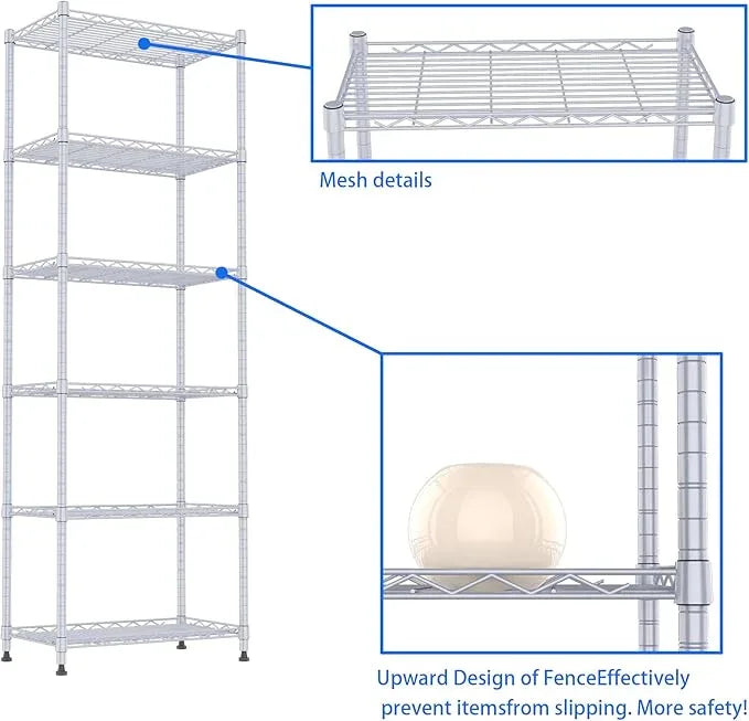 REGILLER 6 Wire Shelving Steel Storage Rack Adjustable Unit Shelves for Laundry Bathroom Kitchen Pantry Closet(Silver,11.7" D x 21.4" W x 63" H) - ModernBath