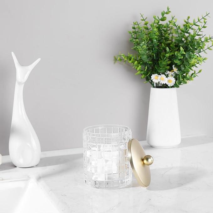 Indecor Home Clear Tranparent Apothecary Etched Geometric Grid Glass Jar W/Gold Metal Lid Cover for Bathroom Organization, Cotton Balls, Q Tips, and Small Accessories, Bathroom Storage - ModernBath