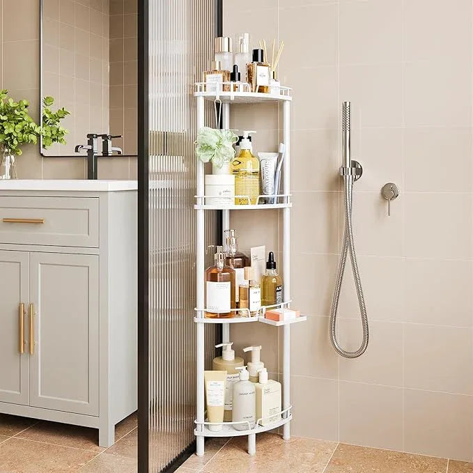 ELYKEN Corner Shower Caddy Standing, 4 Tier Rustproof Metal Shower Organizer with Soap Holder, Floor Shower Corner Shelf Rack Storage Stands with Adjustable Feet & 2 Hooks for Bathroom, White - ModernBath