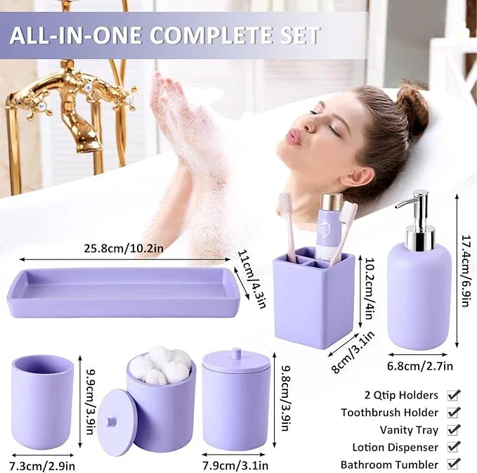 Resin 6 Pcs Purple Bathroom Set Complete with Toothbrush Holder, Lotion Soap Dispenser, 2 Qtip Holder Dispensers,Vanity Tray,Bathroom Tumbler - Countertop Vanity Organizer - Bathroom Accessories - ModernBath