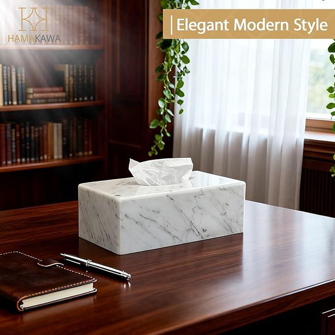 HAMAKAWA Natural Marble Tissue Box Cover, Carrara White Tissue Organizer 10 x 5.7 x 3.5 inch, Heavy Stone Decorative Box, Rectangle Tissue Box Holder for Home Decor, Kitchen, Bathroom, Bedroom - ModernBath