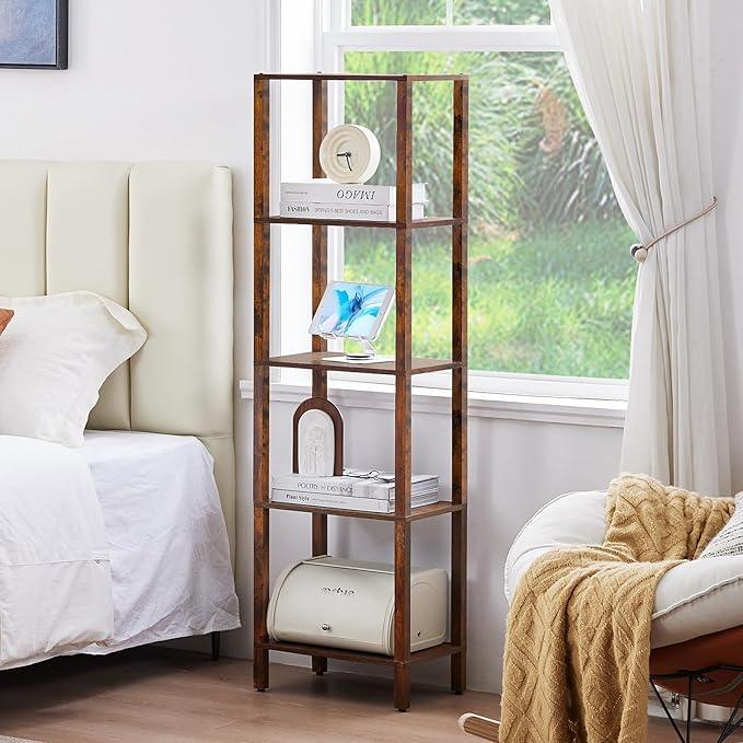 54in Tall Bookshelf 5-Tier Small Narrow Bookcase, Skinny Book Shelf for Small Space, Farmhouse Slim Shelf with Storage, Wood Freestanding Display Thin Bookshelves for Living Room, Office, Brown - ModernBath