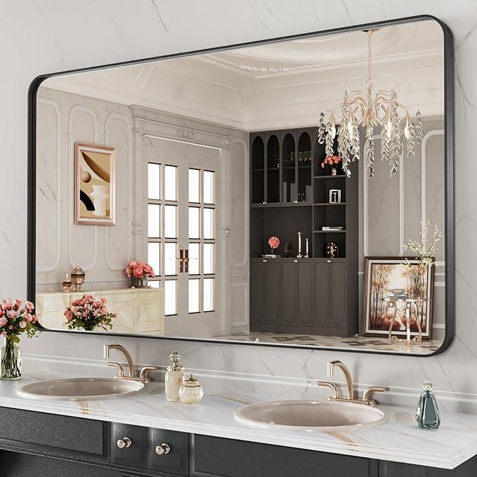 LOAAO 48X28 Inch Black Metal Framed Bathroom Mirror for Wall, Matte Black Bathroom Vanity Mirror Farmhouse, Anti-Rust, Tempered Glass, Hangs Horizontally or Vertically - ModernBath