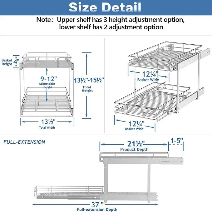 2 Tier Individual Pull Out Cabinet Organizer 13½" W x 21½" D, Heavy Duty Cabinet Pull Out Shelves, Slide Out Drawers Organization for Kitchen Cabinets Bathroom - ModernBath