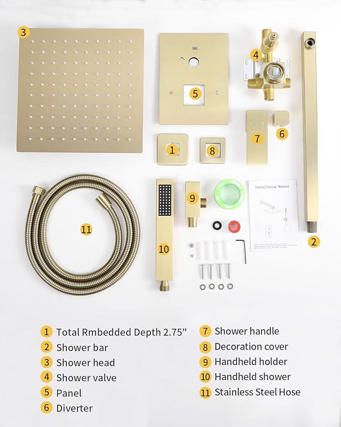 Fransiton Shower Faucet set with Shower head 10 Inches Rainfall Shower Head and Handle Set Single Handle Wall Mounted Shower System Set with Female Threads Valve Body(10", Brushed Gold) - ModernBath
