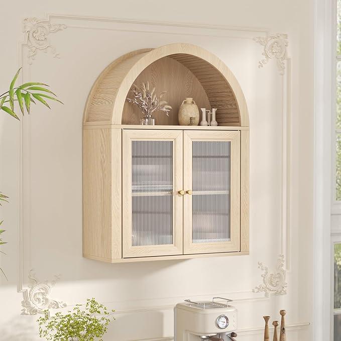 Arched Bathroom Cabinet, Wall Mounted Bathroom Cabinet with Tempered Glass Doors and Adjustable Shelf, for Kitchen, Living Room, Laundry Room, Restroom, Oak - ModernBath