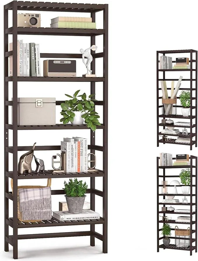 Homykic 6-Tier Bamboo Bookshelves and Bookcases, Adjustable 63.4”Tall Shallow Book Shelf Organizer Rack, Freestanding Storage Shelving Unit for Living Room, Kitchen, Bathroom, Office, Espresso - ModernBath