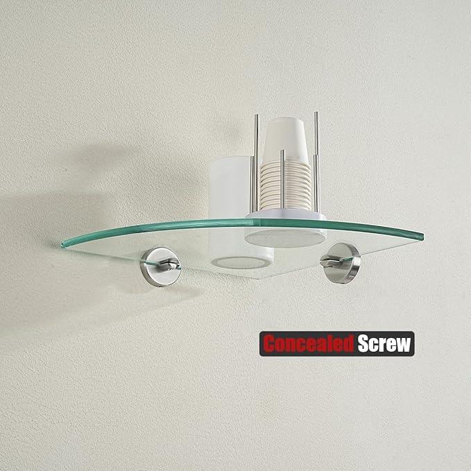 JQK Corner Glass Shelf, Brushed Steel Bathroom 304 Stainless Steel Shower Triangle Floating Wall Shelf, 10 x 10 Tempered Glass, 2 Pack, TGS190L10-BN-P2 - ModernBath