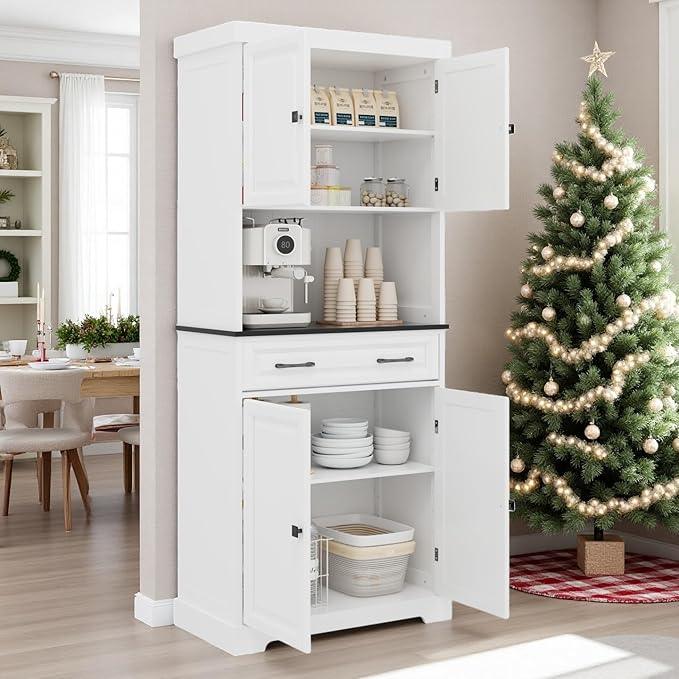 71" Kitchen Pantry Cabinet with Drawer, Kitchen Hutch Cabinet with 4 Doors, Wire Hole & Adjustable Shelves, Tall Bathroom Cabinets Freestanding Cupboard White Wood Storage Cabinets - ModernBath