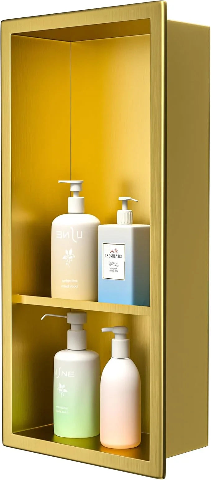 Stainless Steel Shower Niche 18"×8" Gold Double Shelf No Tiled Needed Niche Shower for Bathroom Wall Storage Recessed Bathroom Shelf - ModernBath