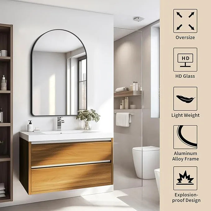 FORBATH Arched Bathroom Mirror 24x36 Inch,Bathroom Mirror Wall Mounted Modern Black Aluminum Alloy Frame Decor Dresser Mirror for Bedroom Living Room Entryway, Hanging or Leaning Against Wall - ModernBath