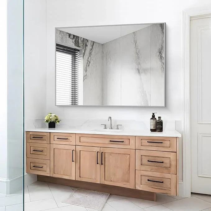 COFENY Silver Bathroom Mirror, 48"X36" Rectangle Mirrors for Wall Metal Frame, Bathroom Rectangular Mirror Modern Wall Mirror for Bedroom Living Room, Hangs Horizontal or Vertical - ModernBath