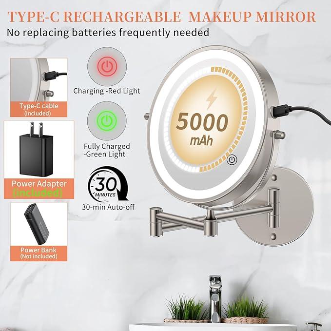 FUNTOUCH 9" 5000mAh Rechargeable Wall Mount Makeup Mirror with Lights, 30X/1X Magnifying Double Sided Mirror, 3 Color Lights,Touch Dimmable, 360 Rotation Extended Arm with Adapter,Brush Nickel - ModernBath