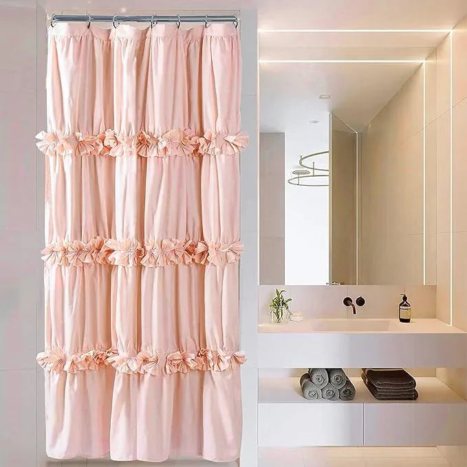 Homechoice Decor Peach Small Stall Ruffle Shower Curtain 36" W x 72" H, Vintage Handcrafted Bow Tie Bath Curtain for Master Bathroom, Ruched Polyester Bathroom Curtain with 7 Buttonholes (LQ-10) - ModernBath