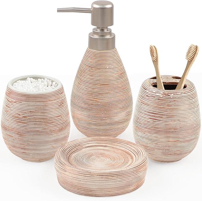 CERBIOR Bathroom Accessories Set,4 Pcs Ceramic Bathroom Decor Accessory,Includes Toothbrush Holder, Toothbrush Cup, Soap Dish for Decorative Countertop and Housewarming Gift(Brown 4pcs) - ModernBath