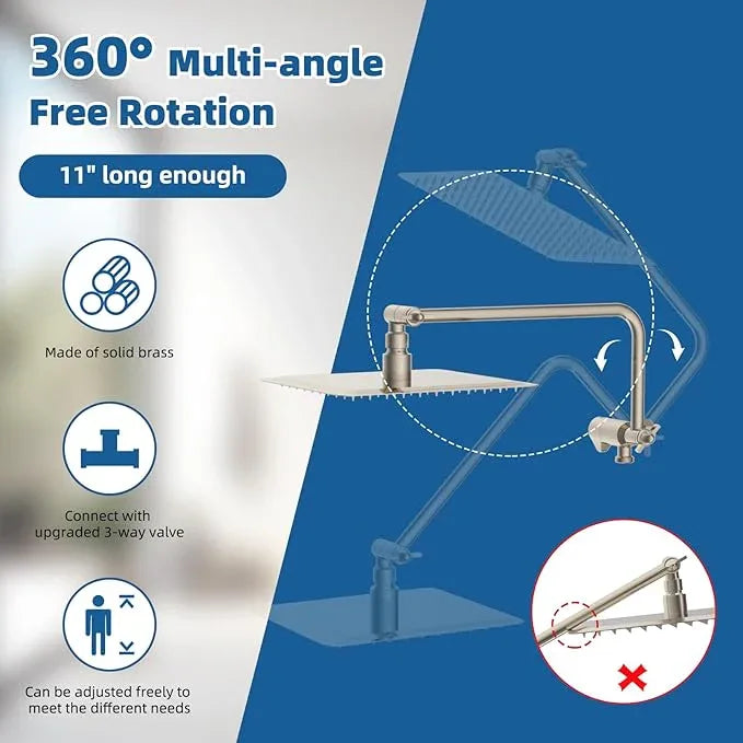 12" All Metal Shower Head, High Pressure 10-Spray Handheld Showerhead Rainfall Shower Head Combo with 11" Adjustable Shower Extension Arm, 71" Hose, Shower Head Holder, Brushed Nickel - ModernBath