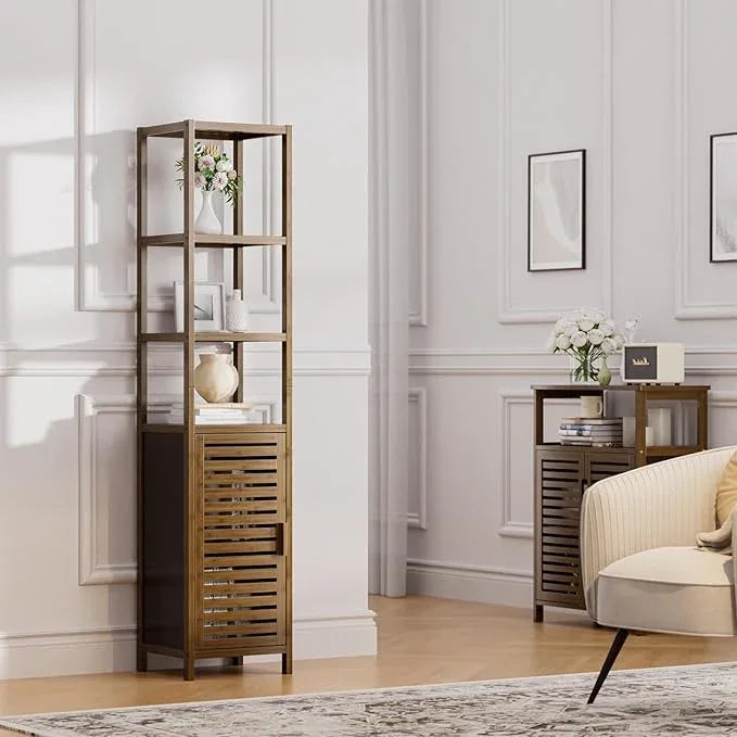 HITNET Bathroom Cabinet, Bamboo Floor Cabinet Freestanding Narrow Storage Unit with Removable Shelves, 6 Tier Tall Cabinet, Walnut - ModernBath