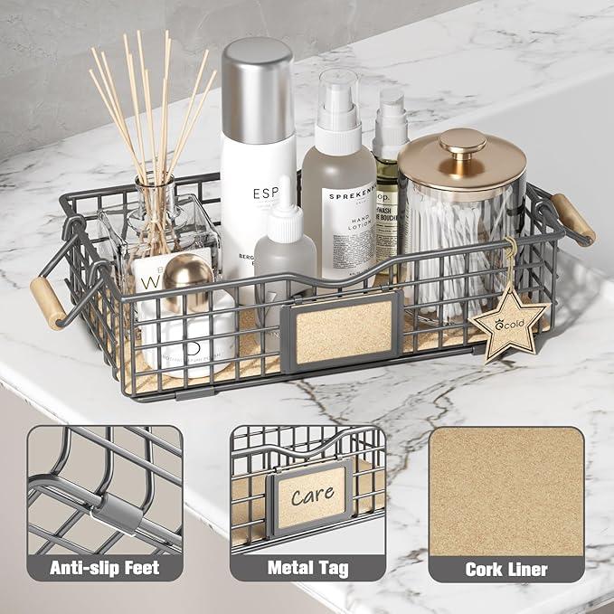 Bathroom Tray Organizers and Storage, 3 Pack Storage Baskets with Wooden Handles, Multipurpose for Bathroom, Coffee Bar, Kitchen cabinet, Living Room - Grey - ModernBath