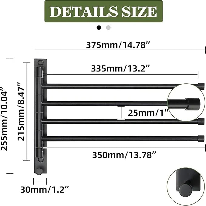 Alise Swivel Towel Rack, SUS304 Stainless Steel 4 Arms Towel Bar, Space Saving Swing Out Towel Bar with Hook, Towel Racks Wall Mounted for Bathroom, Matte Black - ModernBath