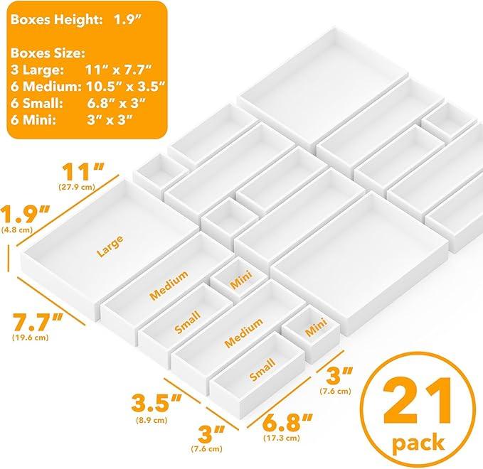 SpaceAid 21-Piece Bamboo Drawer Organizer Storage Boxes Set, Wood Tray Junk Drawer Organizers Multi-Use Divider Bins for Kitchen, Bathroom, Office Desk and Makeup Organization (21 Pack, White) - ModernBath