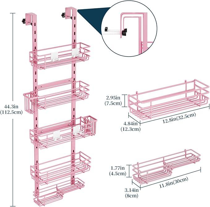 Consumest Over The Door Shower Caddy - 5 Tier Adjustable Shower Organizer Hanging with 2 Toothbrush Holders & 4 Hooks, Rustproof Organizer Shelf, Storage Rack for Bathroom, Pink - ModernBath