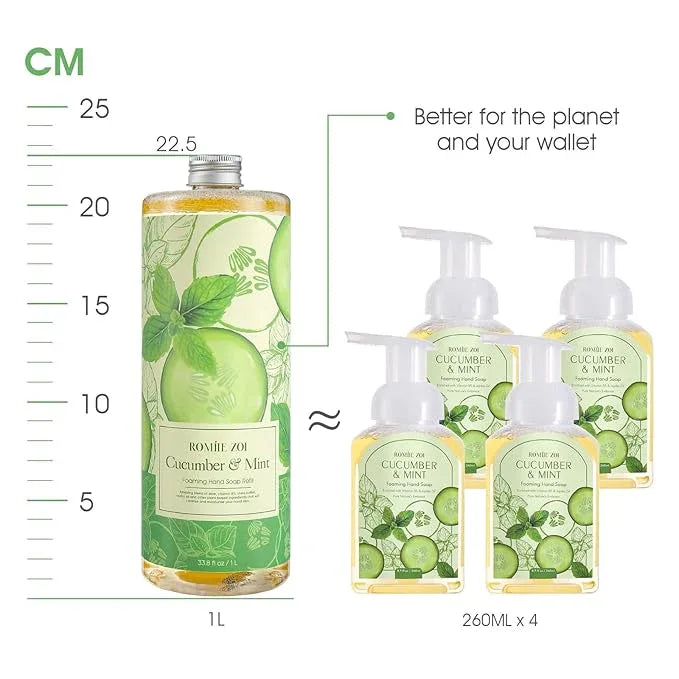 ROMIIE ZOI Foaming Hand Soap Refill Gift Set – 3 Pack (1000ML Each) with Dispenser – Cucumber & Mint Scent – Gentle & Moisturizing Plant-Based Formula – Bulk Refill Bottles for Bathroom & Kitchen Use - ModernBath