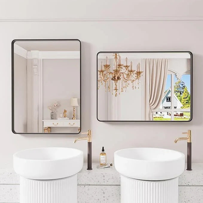 JISOSO Black Bathroom Mirror 22X30 Inch, Black Metal Framed Mirror for Wall, Rounded Rectangle Matte Bathroom Vanity Mirror with Tempered Glass, Anti-Rust, Horizontal/Vertical - ModernBath