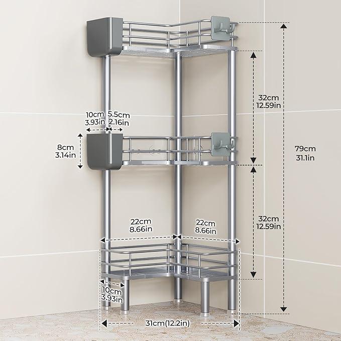 Orimade Rustproof 3 Tier Floor Standing Corner Shower Caddy Organizer with Toothbrush Holder, Large Spacing Floor Shower Shelf Rack Storage Stands with Hooks for Bathroom Kitchen, Silver - ModernBath