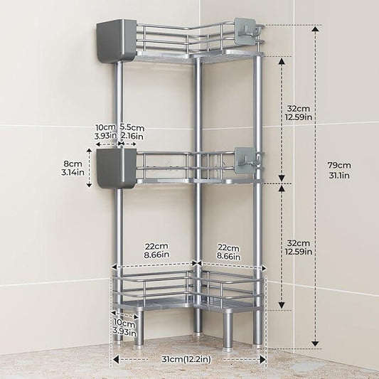 Orimade Rustproof 3 Tier Floor Standing Corner Shower Caddy Organizer with Toothbrush Holder, Large Spacing Floor Shower Shelf Rack Storage Stands with Hooks for Bathroom Kitchen, Silver - ModernBath